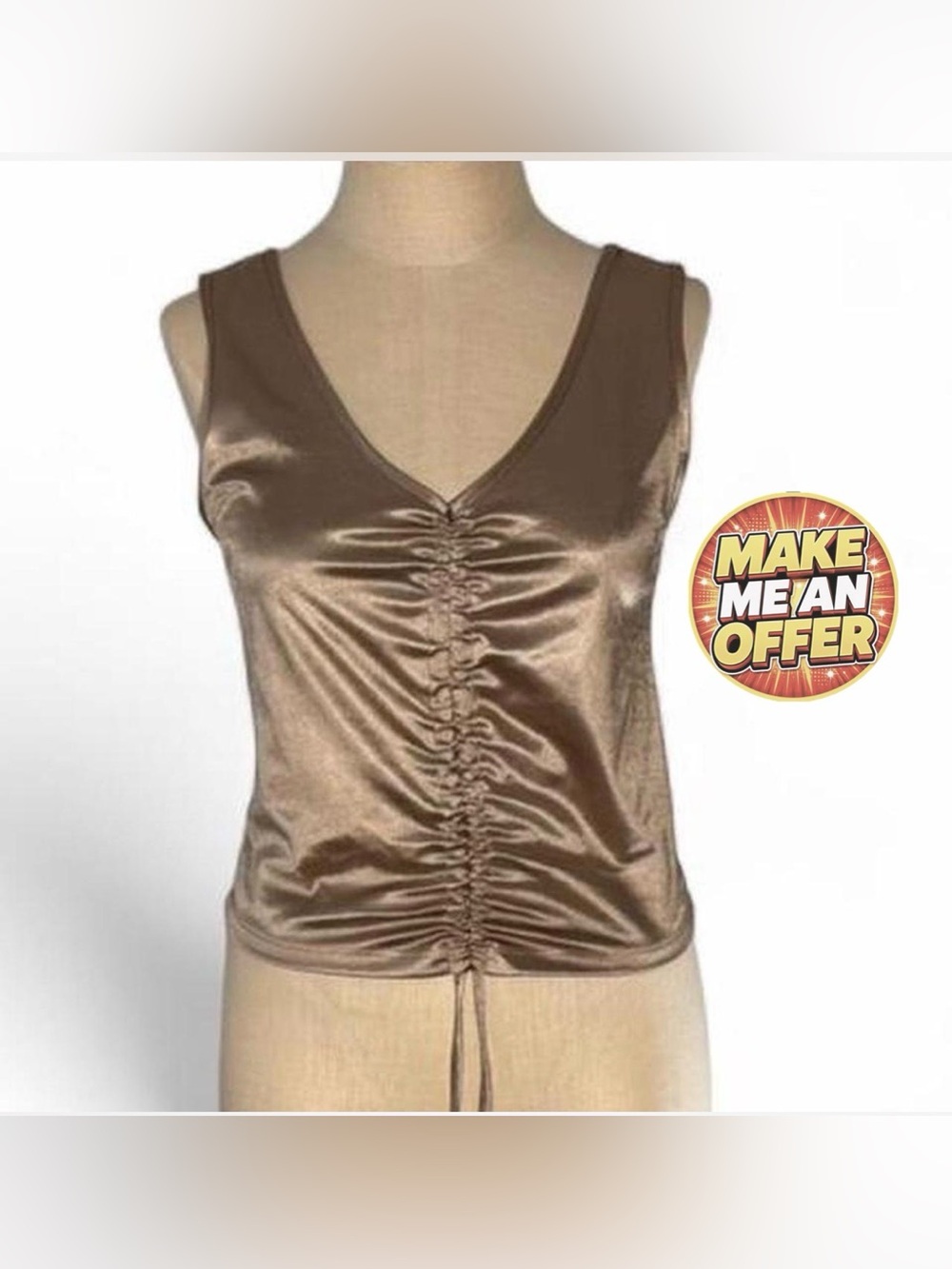 Brand New Shiny Beige ruched tie front tank top - Size L